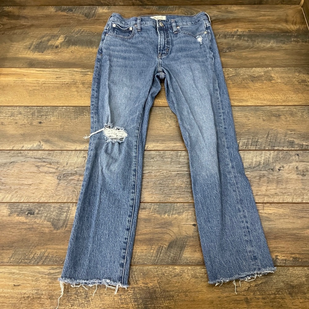 Madewell Mid-Rise Perfect Vintage Jean 26 Distressed Raw Hem Medium Wash Blue